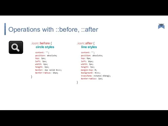 Operations with ::before, ::after .icon::before { circle styles content: ""; position: