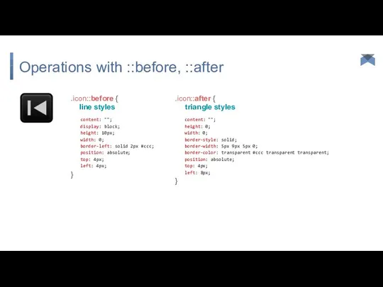 Operations with ::before, ::after .icon::before { line styles content: ""; display: