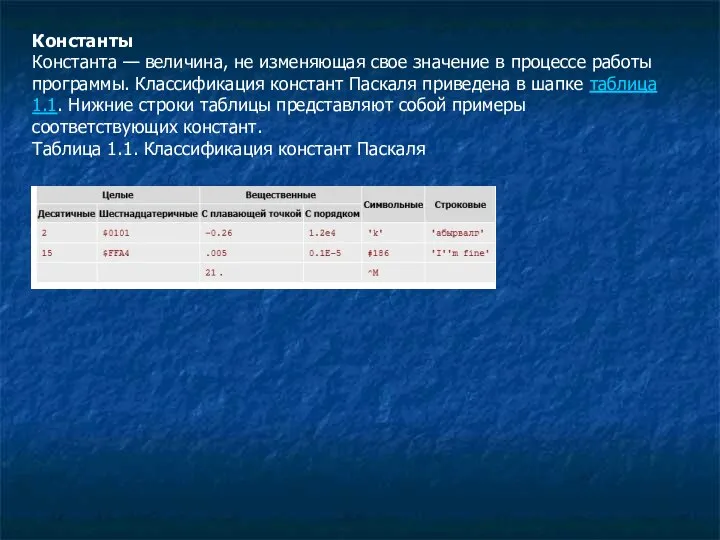 Константы Константа — величина, не изменяющая свое значение в процессе работы