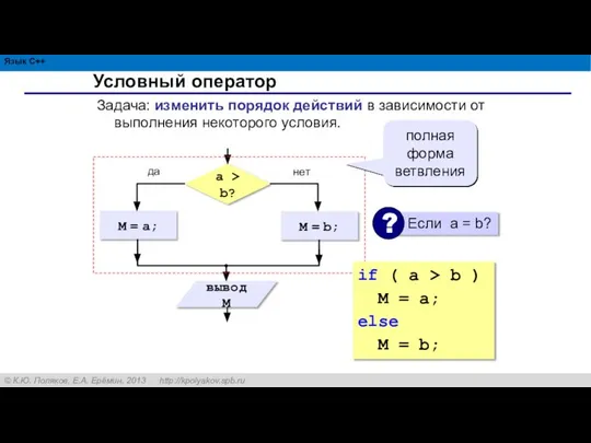 Условный оператор Задача: изменить порядок действий в зависимости от выполнения некоторого