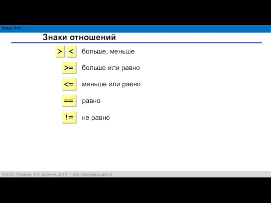 Знаки отношений > >= == != больше, меньше больше или равно