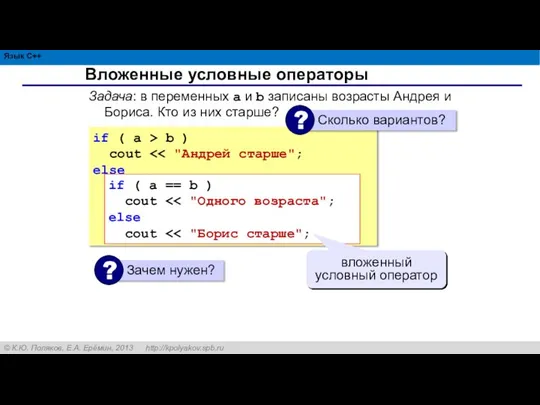 Вложенные условные операторы if ( a > b ) cout else