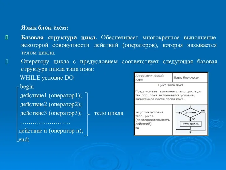 Операторы языка Object Pascal, реализующие основные базовые структуры алгоритмов. Язык блок-схем: