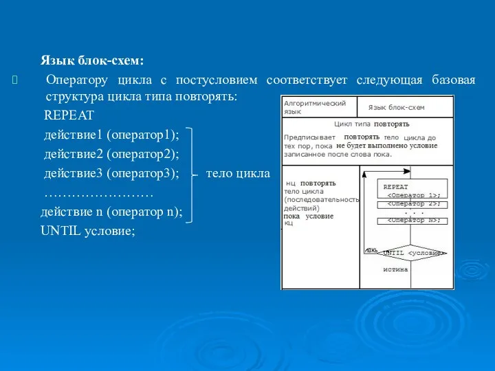 Операторы языка Object Pascal, реализующие основные базовые структуры алгоритмов. Язык блок-схем: