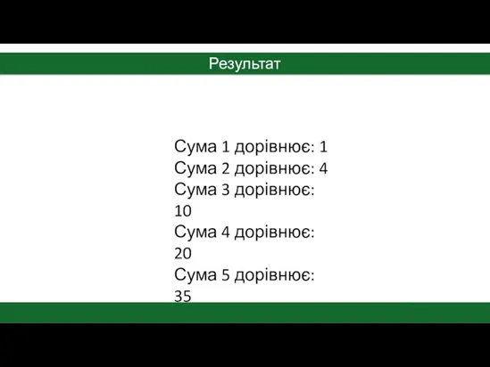 Результат Сума 1 дорівнює: 1 Сума 2 дорівнює: 4 Сума 3