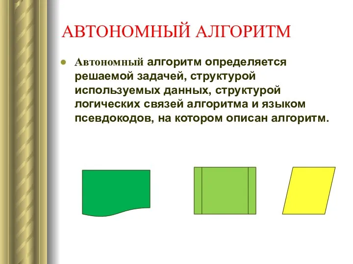 АВТОНОМНЫЙ АЛГОРИТМ Автономный алгоритм определяется решаемой задачей, структурой используемых данных, структурой