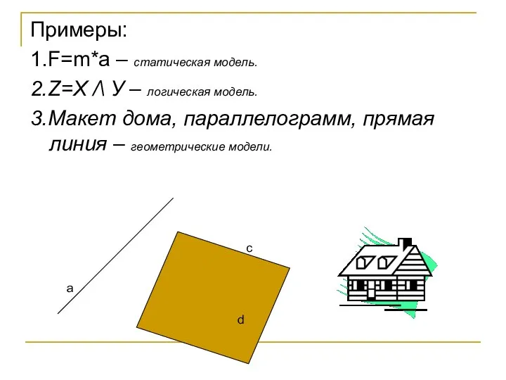 Примеры: 1.F=m*a – статическая модель. 2.Z=X /\ У – логическая модель.