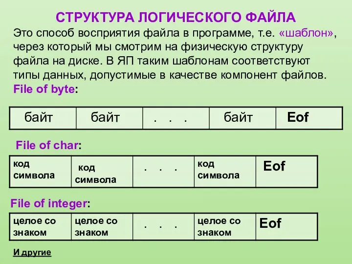 И другие СТРУКТУРА ЛОГИЧЕСКОГО ФАЙЛА Это способ восприятия файла в программе,