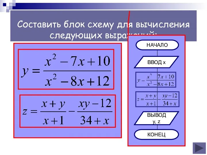 Составить блок схему для вычисления следующих выражений: