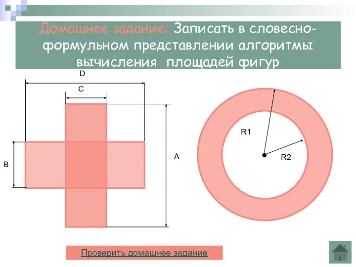 Домашнее задание: Записать в словесно-формульном представлении алгоритмы вычисления площадей фигур Проверить домашнее задание