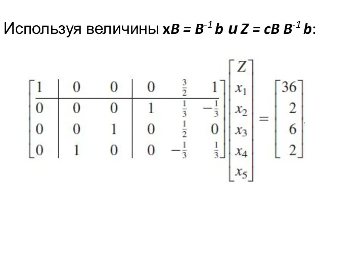 Используя величины xB = B-1 b и Z = cB B-1 b: