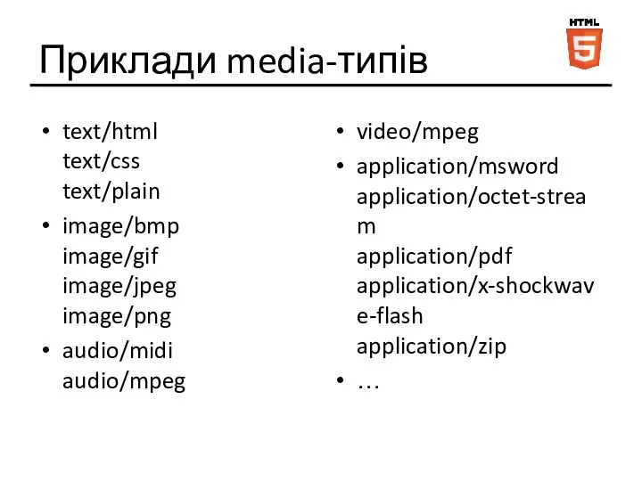 Приклади media-типів text/html text/css text/plain image/bmp image/gif image/jpeg image/png audio/midi audio/mpeg