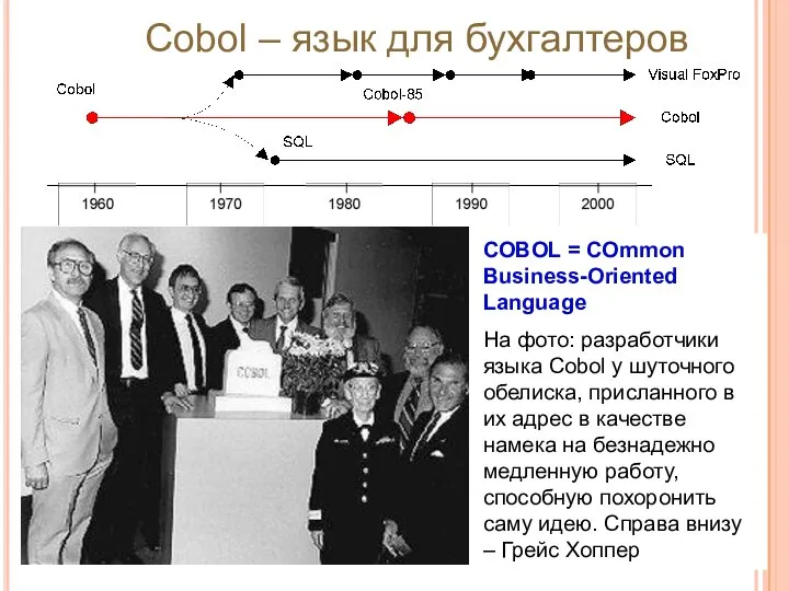 Cobol – язык для бухгалтеров COBOL = COmmon Business-Oriented Language На