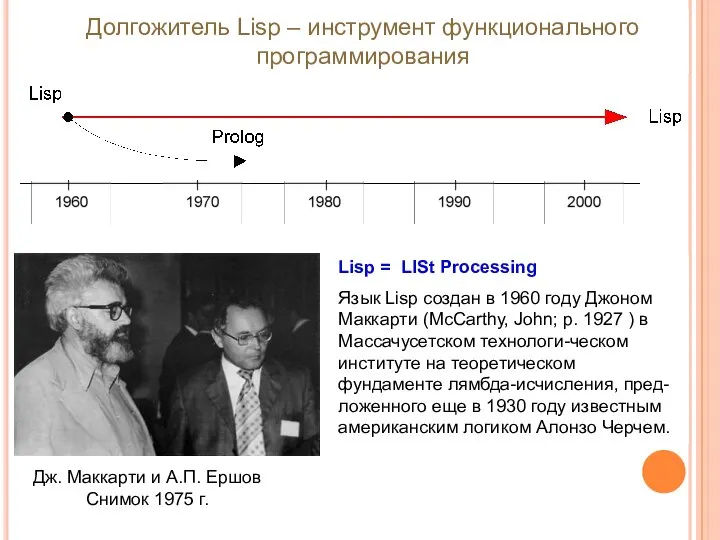 Lisp = LISt Processing Язык Lisp создан в 1960 году Джоном