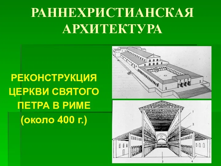 РЕКОНСТРУКЦИЯ ЦЕРКВИ СВЯТОГО ПЕТРА В РИМЕ (около 400 г.) РАННЕХРИСТИАНСКАЯ АРХИТЕКТУРА