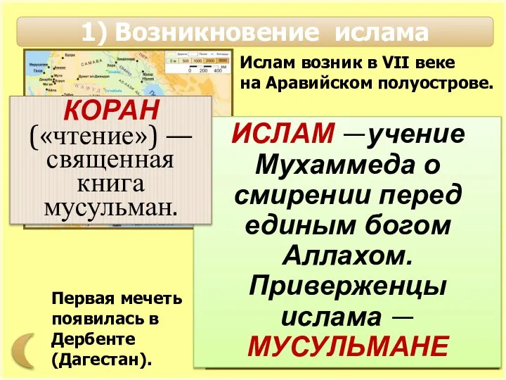 1) Возникновение ислама Ислам возник в VII веке на Аравийском полуострове.