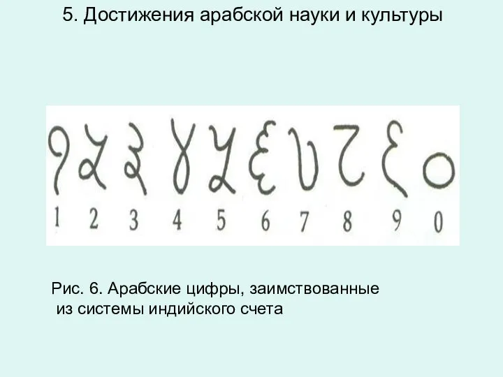 5. Достижения арабской науки и культуры Рис. 6. Араб­ские цифры, за­им­ство­ван­ные из си­сте­мы ин­дий­ско­го счета