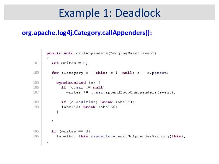 Example 1: Deadlock org.apache.log4j.Category.callAppenders():