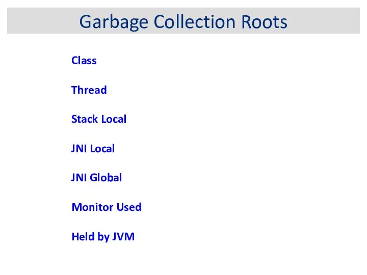 Garbage Collection Roots Class Thread Stack Local JNI Local JNI Global Monitor Used Held by JVM