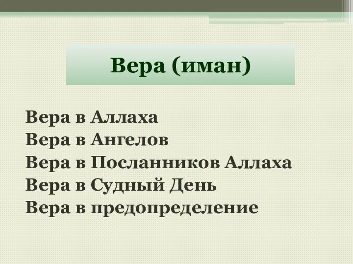 Вера (иман) Вера в Аллаха Вера в Ангелов Вера в Посланников