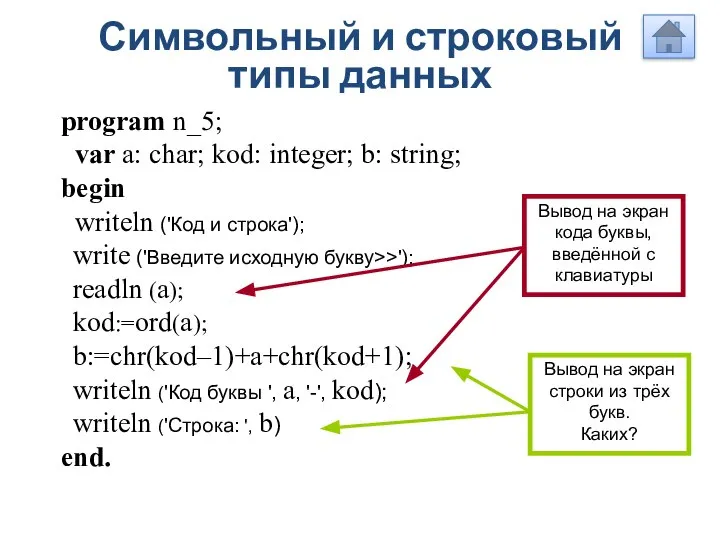 Символьный и строковый типы данных program n_5; var a: char; kod: