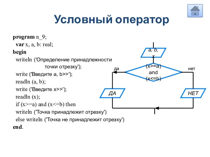 Условный оператор program n_9; var x, a, b: real; begin writeln