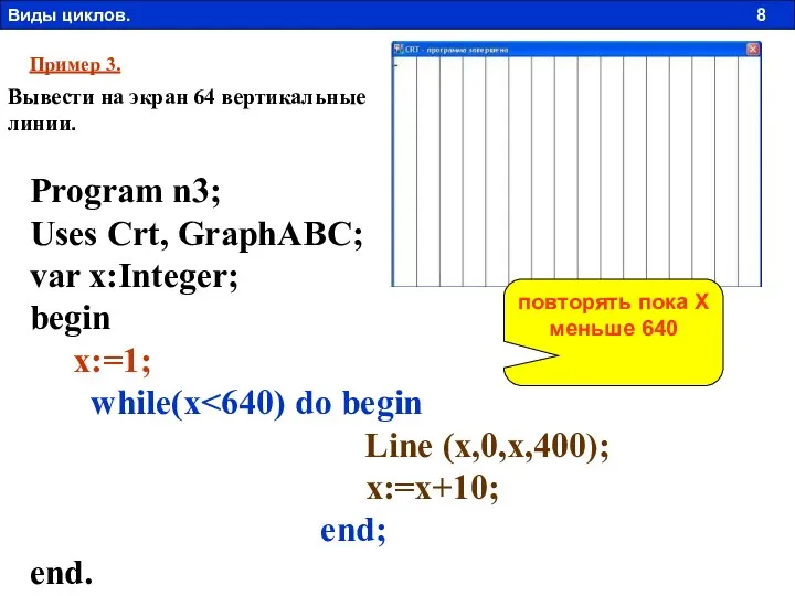 Пример 3. Вывести на экран 64 вертикальные линии. Program n3; Uses