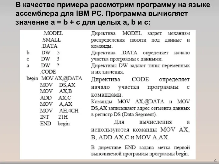 В качестве примера рассмотрим программу на языке ассемблера для IBM PC.