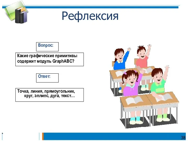 * Какие графические примитивы содержит модуль GraphABC? Вопрос: Ответ: Точка, линия,