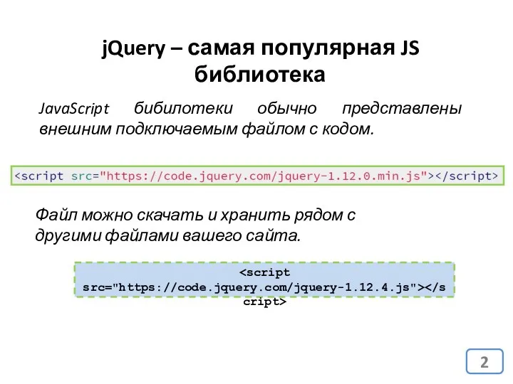 jQuery – самая популярная JS библиотека JavaScript бибилотеки обычно представлены внешним