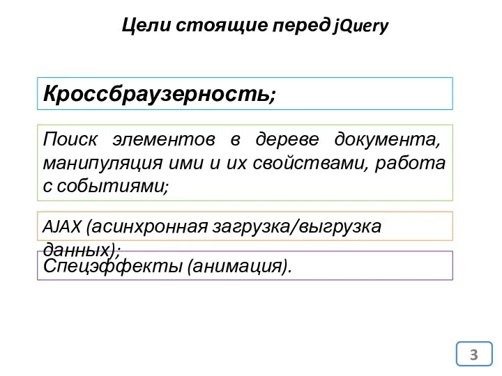 Цели стоящие перед jQuery Кроссбраузерность; Поиск элементов в дереве документа, манипуляция