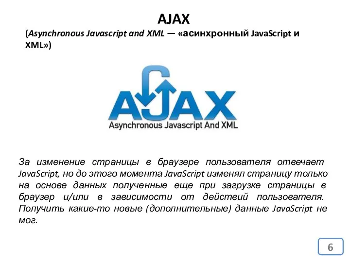 AJAX (Asynchronous Javascript and XML — «асинхронный JavaScript и XML») За