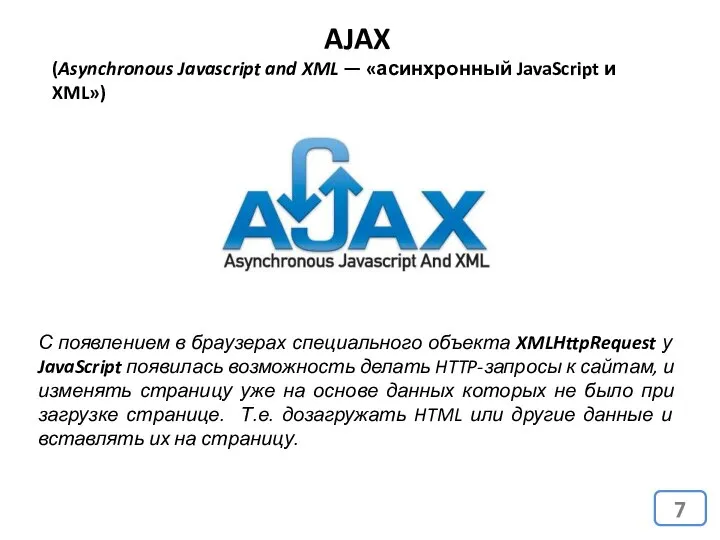 AJAX (Asynchronous Javascript and XML — «асинхронный JavaScript и XML») С