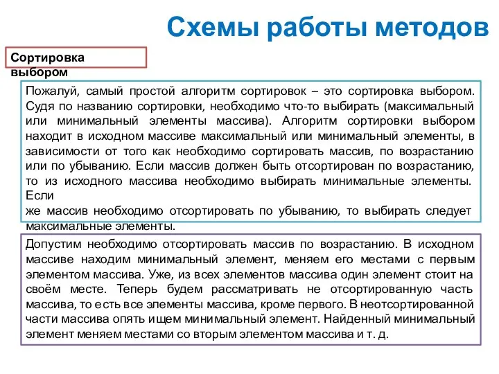 Схемы работы методов Сортировка выбором Пожалуй, самый простой алгоритм сортировок –