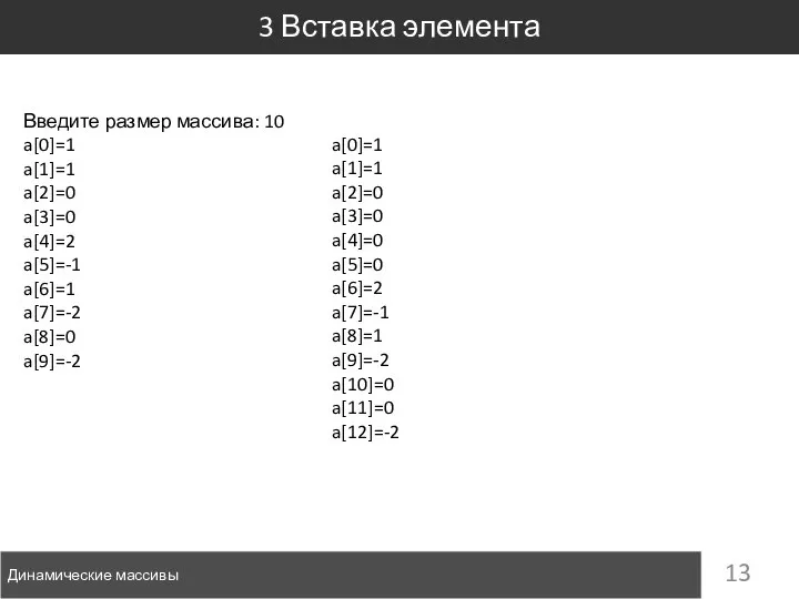 3 Вставка элемента Динамические массивы Введите размер массива: 10 a[0]=1 a[1]=1