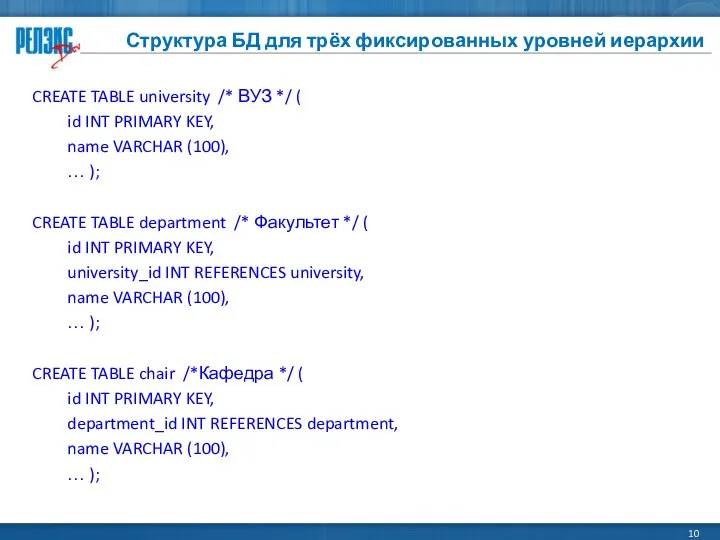 Структура БД для трёх фиксированных уровней иерархии CREATE TABLE university /*