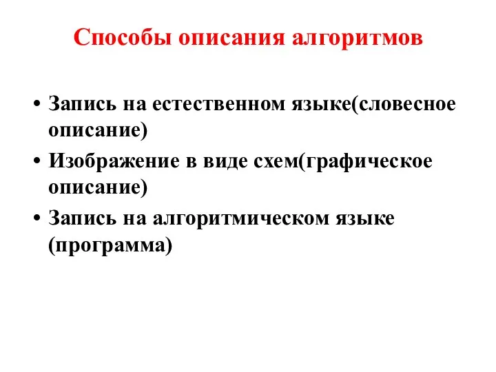 Способы описания алгоритмов Запись на естественном языке(словесное описание) Изображение в виде