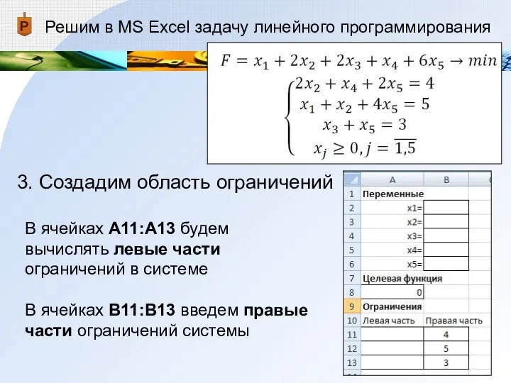Решим в MS Excel задачу линейного программирования 3. Создадим область ограничений