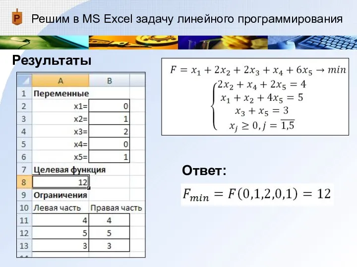 Решим в MS Excel задачу линейного программирования Результаты Ответ: