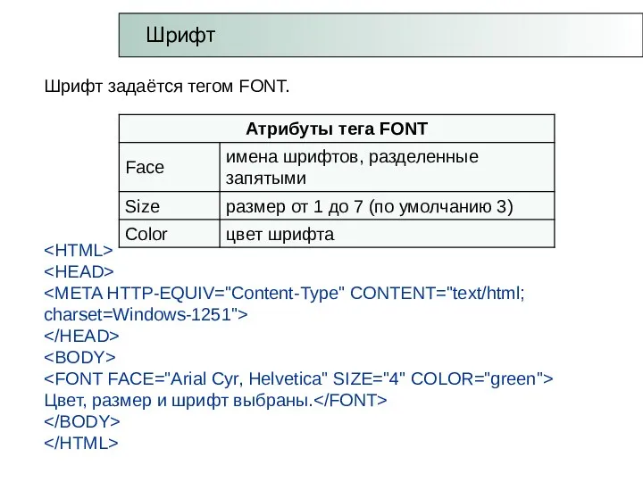 Шрифт задаётся тегом FONT. Цвет, размер и шрифт выбраны. Шрифт