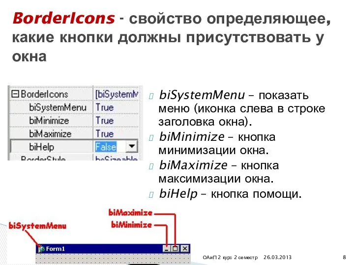 biSystemMenu – показать меню (иконка слева в строке заголовка окна). biMinimize