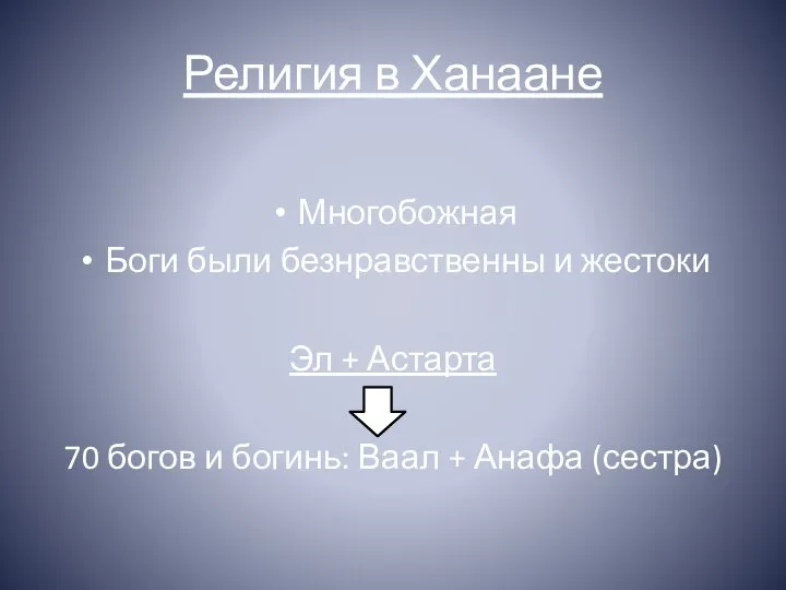 Религия в Ханаане Многобожная Боги были безнравственны и жестоки Эл +