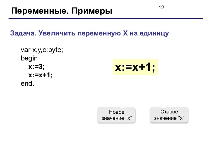 Переменные. Примеры Задача. Увеличить переменную X на единицу var x,y,c:byte; begin