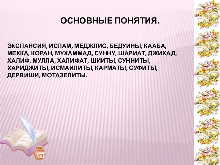 ОСНОВНЫЕ ПОНЯТИЯ. ЭКСПАНСИЯ, ИСЛАМ, МЕДЖЛИС, БЕДУИНЫ, КААБА, МЕККА, КОРАН, МУХАММАД, СУННУ,