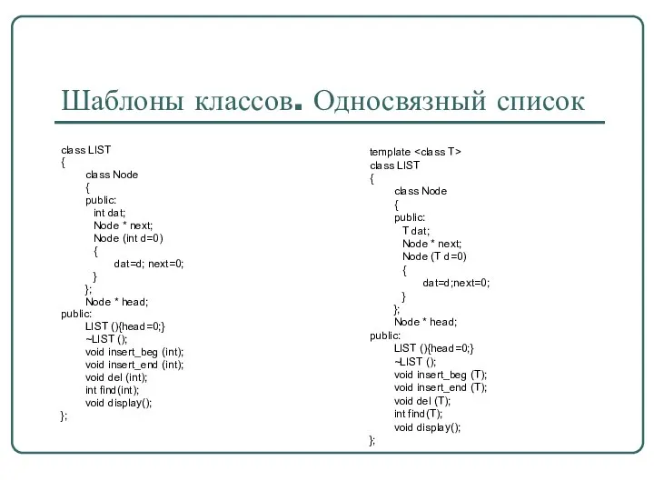 Шаблоны классов. Односвязный список class LIST { class Node { public: