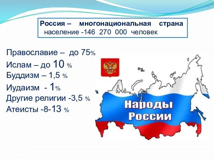 Россия – многонациональная страна население -146 270 000 человек Православие –