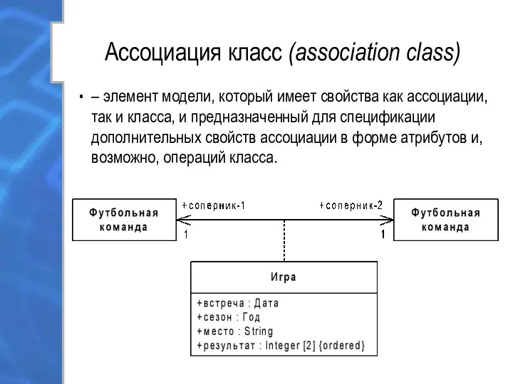 Ассоциация класс (association class) – элемент модели, который имеет свойства как