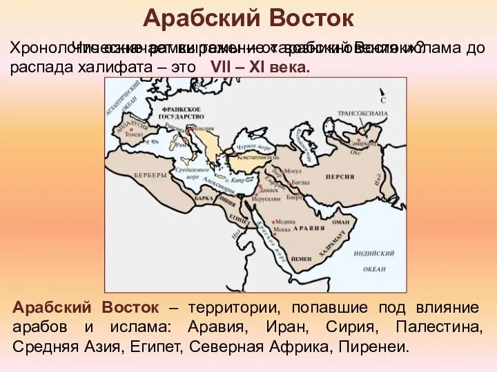 Арабский Восток Арабский Восток – территории, попавшие под влияние арабов и