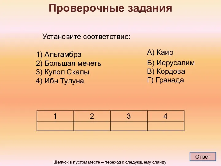 Установите соответствие: Альгамбра Большая мечеть Купол Скалы Ибн Тулуна Проверочные задания