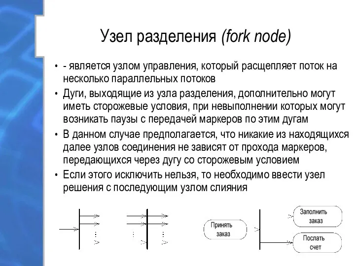 Узел разделения (fork node) - является узлом управления, который расщепляет поток